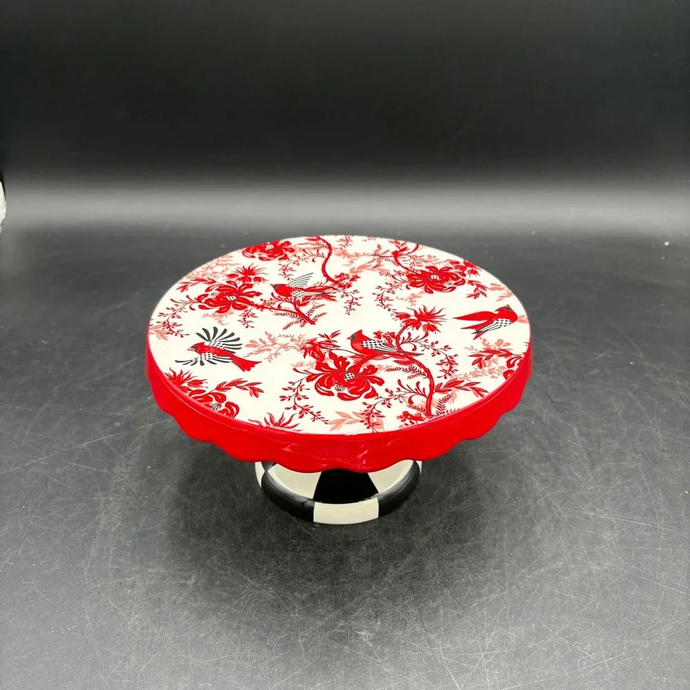 MacKenzie-Childs Cardinal Floral Cake Stand Courtly Check Base Red White Black